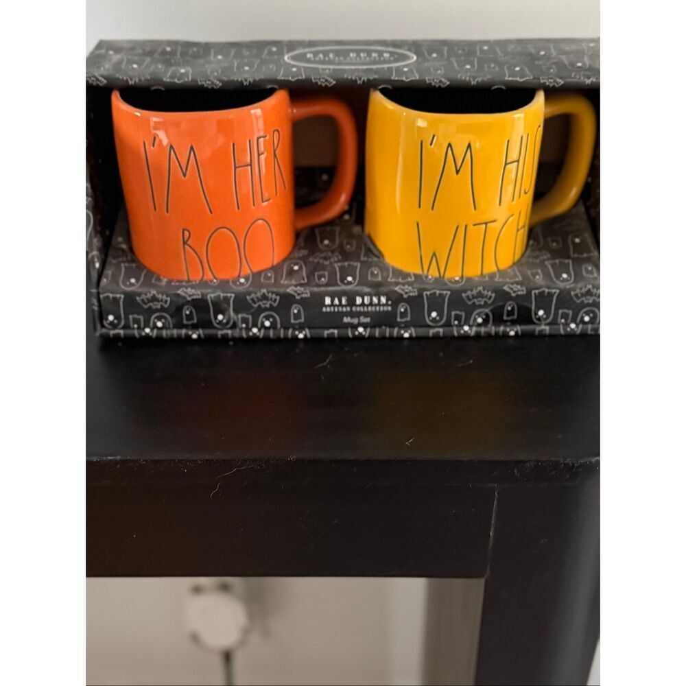 Rae Dunn Set of 2 Couples Halloween Mugs Yellow “I’m His Witch” & Orange “I’m He